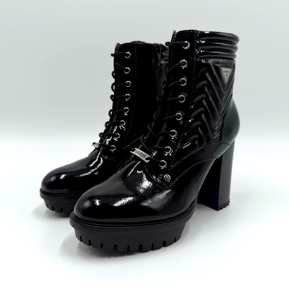 Guess Women’s Manners Shiny Black Lace-Up High Heel Platform Combat Boots 9.5M - Picture 9 of 16